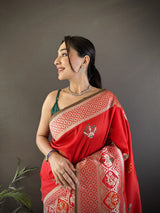 Dista Elora Red Soft Lichi Silk Elephant & Floral Motifs Minakari Work Banarasi Saree, view 4