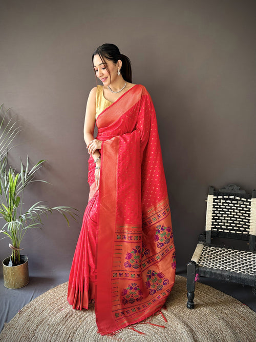 Dista Elora Red Soft Lichi Silk Jacquard Butti Zari Weaving Paithani Saree