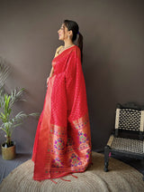 Dista Elora Red Soft Lichi Silk Jacquard Butti Zari Weaving Paithani Saree, view 2