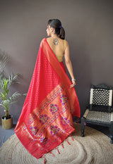 Dista Elora Red Soft Lichi Silk Jacquard Butti Zari Weaving Paithani Saree, view 3