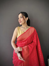 Dista Elora Red Soft Lichi Silk Jacquard Butti Zari Weaving Paithani Saree, view 5