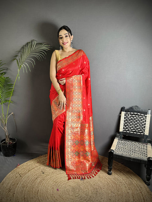 Dista Elora Red Soft Lichi Silk Multicolour Minakari Zari Weaving Patola Saree