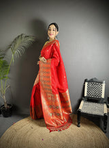 Dista Elora Red Soft Lichi Silk Multicolour Minakari Zari Weaving Patola Saree, view 2