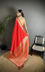 Dista Elora Red Soft Lichi Silk Multicolour Minakari Zari Weaving Patola Saree, view 3