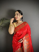 Dista Elora Red Soft Lichi Silk Multicolour Minakari Zari Weaving Patola Saree, view 4