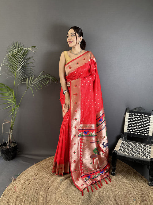 Dista Elora Red Soft Lichi Silk Peacock & Floral Motifs Jacquard Kanchipuram Saree