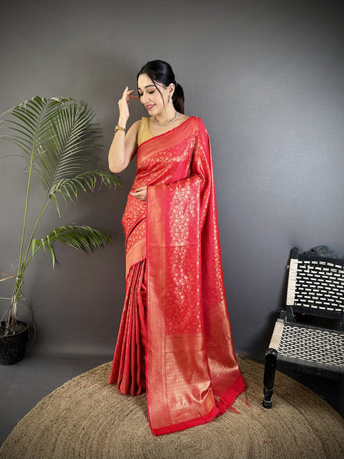 Dista Elora Red Soft Satin Silk Floral & Paisley Motifs Banarasi Saree