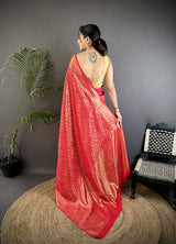 Dista Elora Red Soft Satin Silk Floral & Paisley Motifs Banarasi Saree, view 2