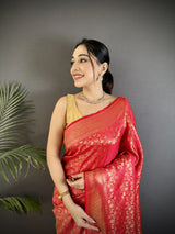 Dista Elora Red Soft Satin Silk Floral & Paisley Motifs Banarasi Saree, view 3