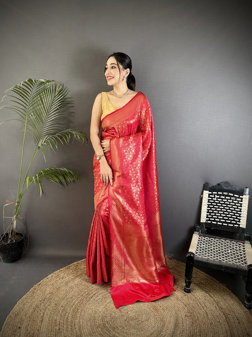 Dista Elora Red Soft Satin Silk Floral & Paisley Motifs Banarasi Saree