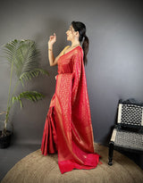 Dista Elora Red Soft Satin Silk Floral & Paisley Motifs Banarasi Saree, view 2