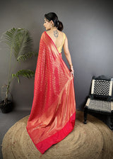 Dista Elora Red Soft Satin Silk Floral & Paisley Motifs Banarasi Saree, view 3