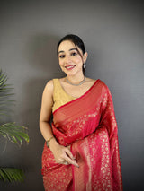 Dista Elora Red Soft Satin Silk Floral & Paisley Motifs Banarasi Saree, view 4