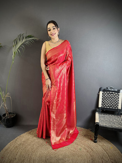 Dista Elora Red Soft Satin Silk Paisley & Floral Banarasi Saree