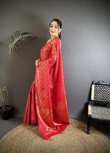 Dista Elora Red Soft Satin Silk Paisley & Floral Banarasi Saree, view 2