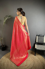 Dista Elora Red Soft Satin Silk Paisley & Floral Banarasi Saree, view 3