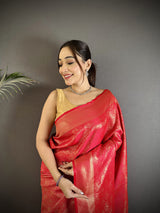 Dista Elora Red Soft Satin Silk Paisley & Floral Banarasi Saree, view 4