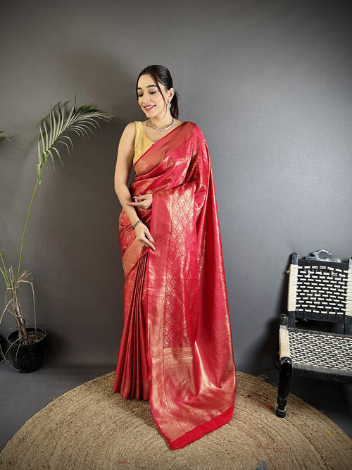 Dista Elora Red Soft Satin Silk Paisley & Floral Banarasi Saree