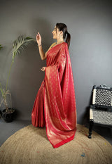 Dista Elora Red Soft Satin Silk Paisley & Floral Banarasi Saree, view 2