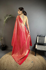 Dista Elora Red Soft Satin Silk Paisley & Floral Banarasi Saree, view 3
