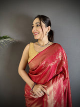 Dista Elora Red Soft Satin Silk Paisley & Floral Banarasi Saree, view 4