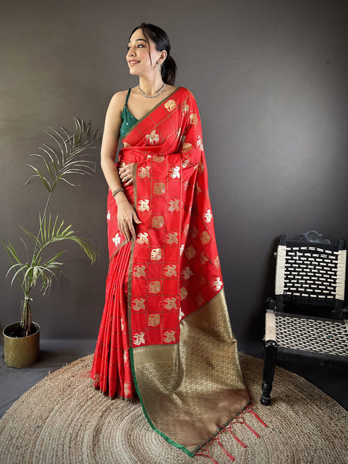 Dista Elora Red Soft Silk Elephant Motifs Banarasi Saree