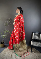 Dista Elora Red Soft Silk Elephant Motifs Banarasi Saree, view 2