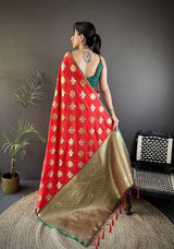 Dista Elora Red Soft Silk Elephant Motifs Banarasi Saree, view 3