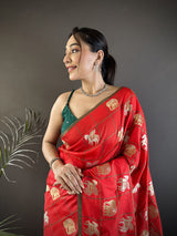 Dista Elora Red Soft Silk Elephant Motifs Banarasi Saree, view 5