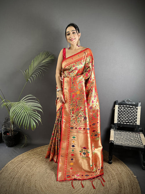 Dista Elora Red Soft Silk Floral & Bird Motifs Pattern Paithani Saree