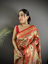 Dista Elora Red Soft Silk Floral & Bird Motifs Pattern Paithani Saree, view 2