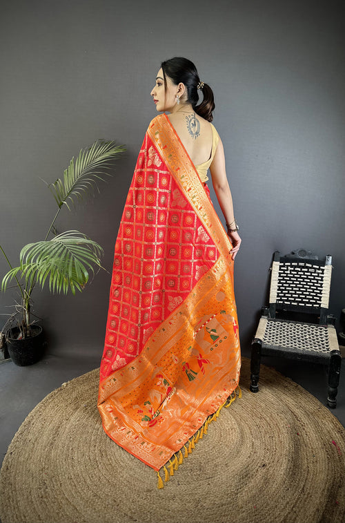 Dista Elora Red Soft Silk Geometric Zari Woven Patola Saree