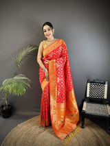 Dista Elora Red Soft Silk Geometric Zari Woven Patola Saree, view 2
