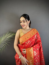 Dista Elora Red Soft Silk Geometric Zari Woven Patola Saree, view 3