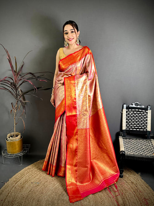 Dista Elora Red Soft Silk Ikkat Leheriya Weaving Saree