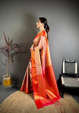 Dista Elora Red Soft Silk Ikkat Leheriya Weaving Saree, view 2