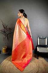 Dista Elora Red Soft Silk Ikkat Leheriya Weaving Saree, view 3