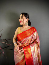 Dista Elora Red Soft Silk Ikkat Leheriya Weaving Saree, view 4