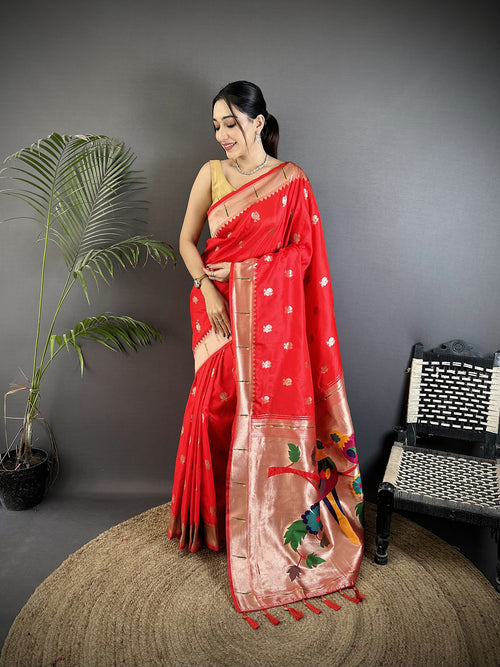 Dista Elora Red Soft Silk Peacock & Floral Zari Motifs Kanchipuram Saree