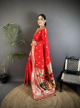Dista Elora Red Soft Silk Peacock & Floral Zari Motifs Kanchipuram Saree, view 2