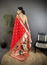 Dista Elora Red Soft Silk Peacock & Floral Zari Motifs Kanchipuram Saree, view 3
