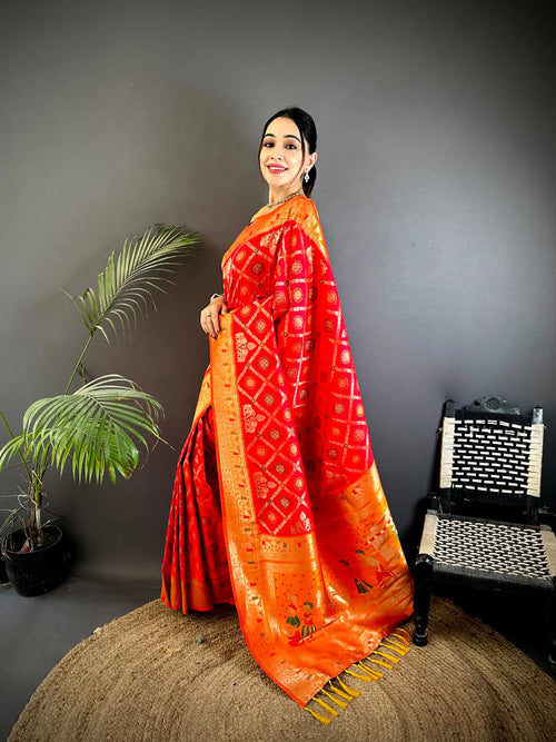 Dista Elora Red Soft Silk Zari Butti Motifs Patola Saree