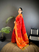 Dista Elora Red Soft Silk Zari Butti Motifs Patola Saree, view 2