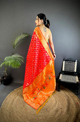 Dista Elora Red Soft Silk Zari Butti Motifs Patola Saree, view 3