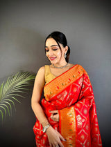 Dista Elora Red Soft Silk Zari Butti Motifs Patola Saree, view 4