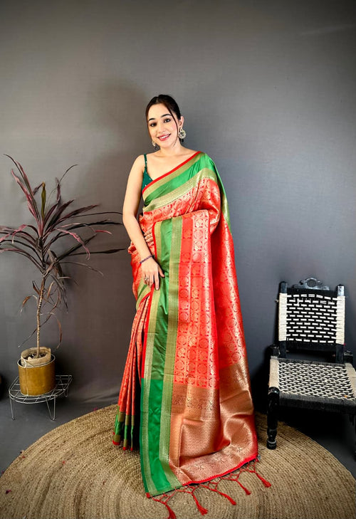 Dista Elora Red Soft Silk Zari Weaving Banarasi Saree