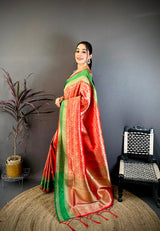 Dista Elora Red Soft Silk Zari Weaving Banarasi Saree, view 2