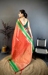 Dista Elora Red Soft Silk Zari Weaving Banarasi Saree, view 3