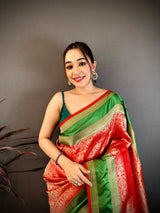 Dista Elora Red Soft Silk Zari Weaving Banarasi Saree, view 4