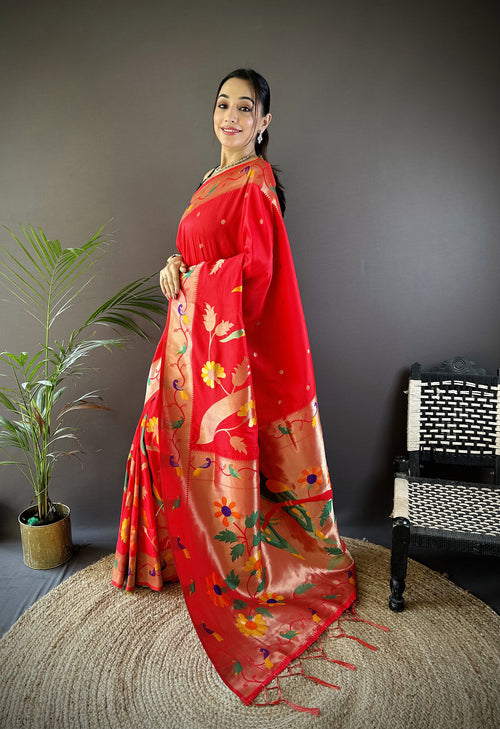 Dista Elora Red Soft Silk Zari Woven Floral Motifs Paithani Saree